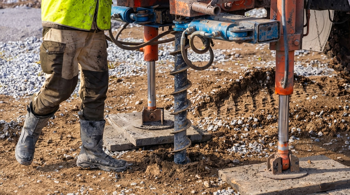 Géotechnicien en gilet jaune opérant une foreuse carottière verticale sur chantier pour prélever des échantillons de sol, avec carotte de terre extraite au premier plan
