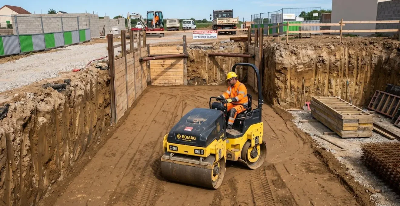 Rouleau compacteur vibrant jaune opérant au fond d'une fouille rectangulaire de piscine, avec opérateur en vêtements de travail orange manœuvrant l'engin et parois de terre verticales visibles