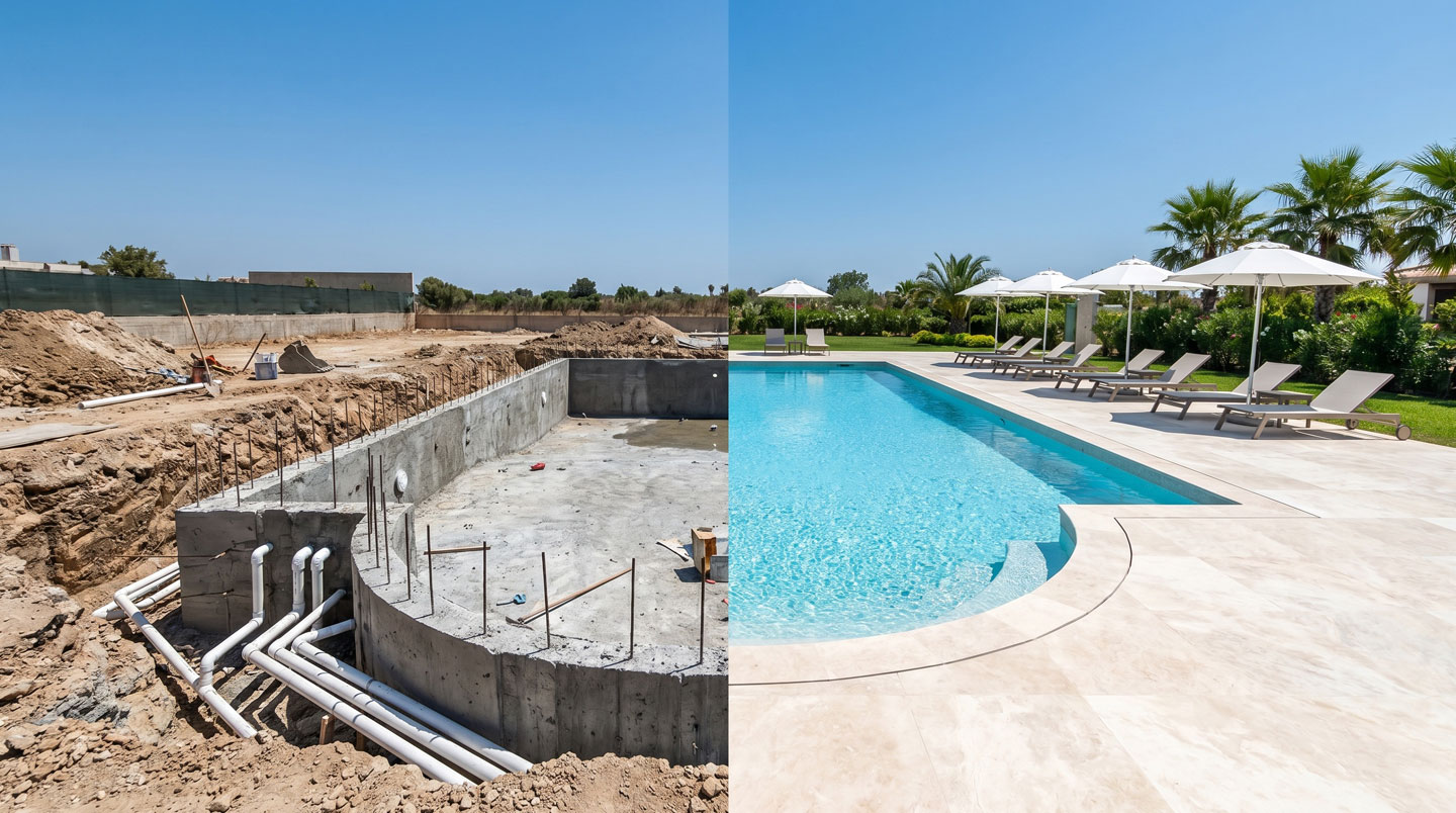 Chantier de construction d'une piscine enterrée en kit béton avec blocs modulaires empilés, ferraillage visible et ouvrier assemblant la structure