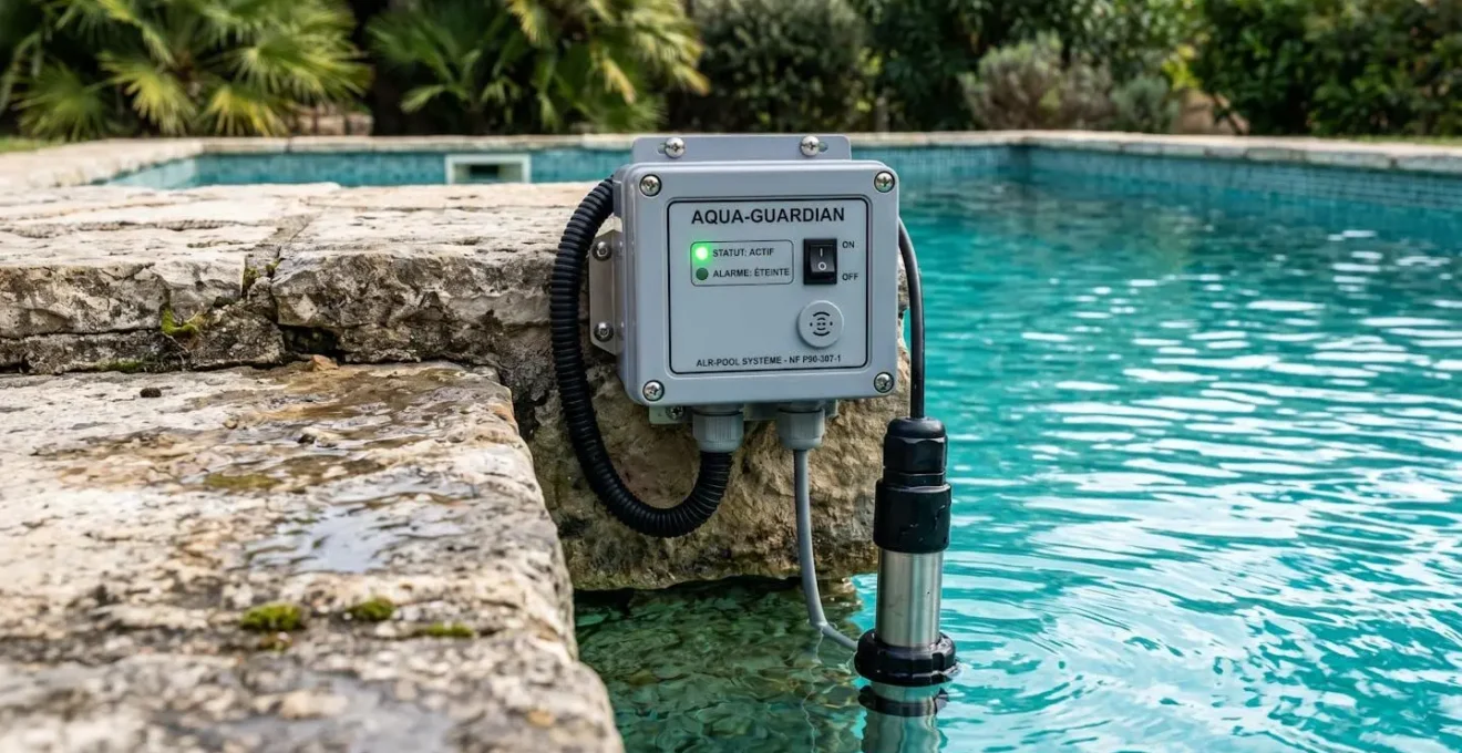Boîtier d'alarme de piscine avec capteur d'immersion fixé en bordure de bassin, LED indicateur d'état allumée, margelle en pierre naturelle, eau de piscine en arrière-plan