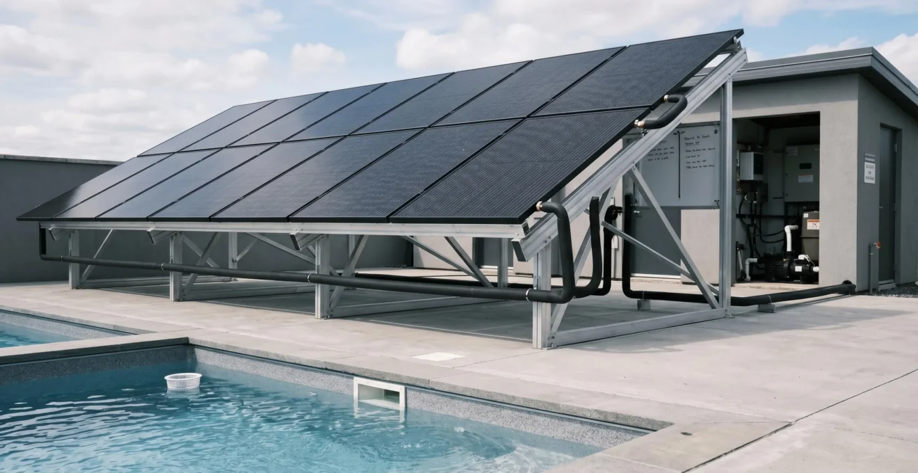 Panneaux solaires thermiques noirs montés sur structure inclinée avec tuyauterie connectée au local technique, piscine visible en arrière-plan