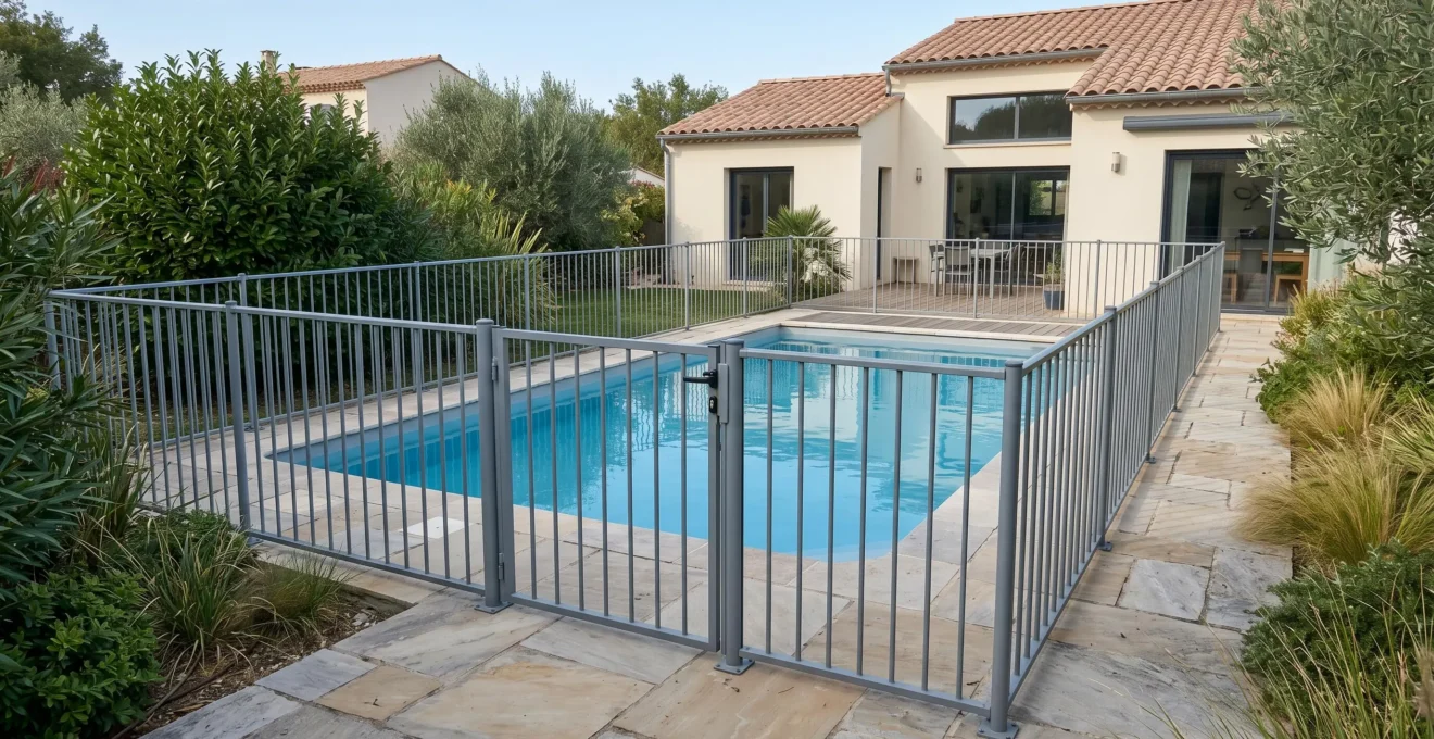 Piscine enterrée rectangulaire dans jardin résidentiel français entourée d'une barrière de protection en aluminium avec portillon fermé, terrasse dallée en pierre naturelle et végétation méditerranéenne, ciel lumineux, maison contemporaine en arrière-plan