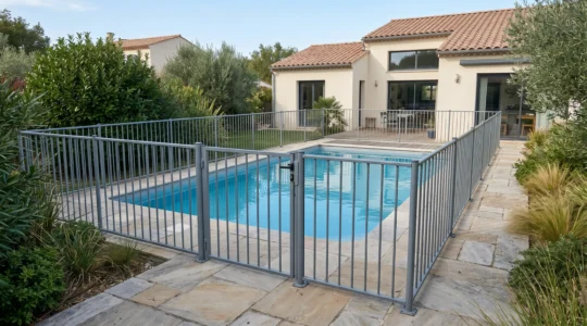 Piscine enterrée rectangulaire dans jardin résidentiel français entourée d'une barrière de protection en aluminium avec portillon fermé, terrasse dallée en pierre naturelle et végétation méditerranéenne, ciel lumineux, maison contemporaine en arrière-plan