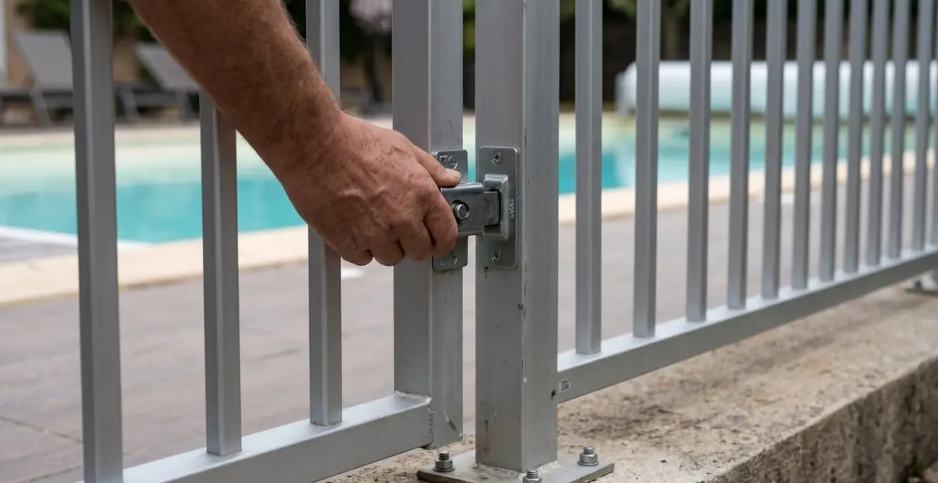 Gros plan sur portillon de barrière de piscine en aluminium avec système de verrouillage automatique et barreaux verticaux espacés, main adulte actionnant le mécanisme de fermeture
