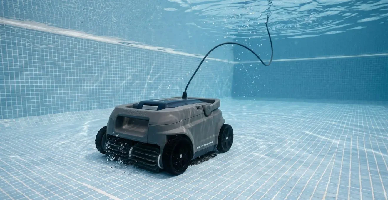 Robot nettoyeur automatique de piscine en action sur le fond du bassin avec câble électrique flottant, eau cristalline et reflets lumineux
