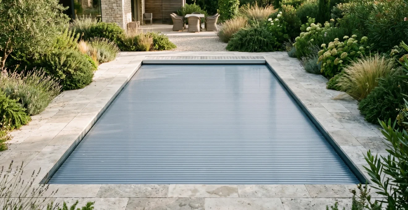 Piscine enterrée rectangulaire entièrement couverte par un volet roulant motorisé aux lames rigides bleues, terrasse en pierre naturelle et végétation de jardin, coffre d'enroulement discret intégré