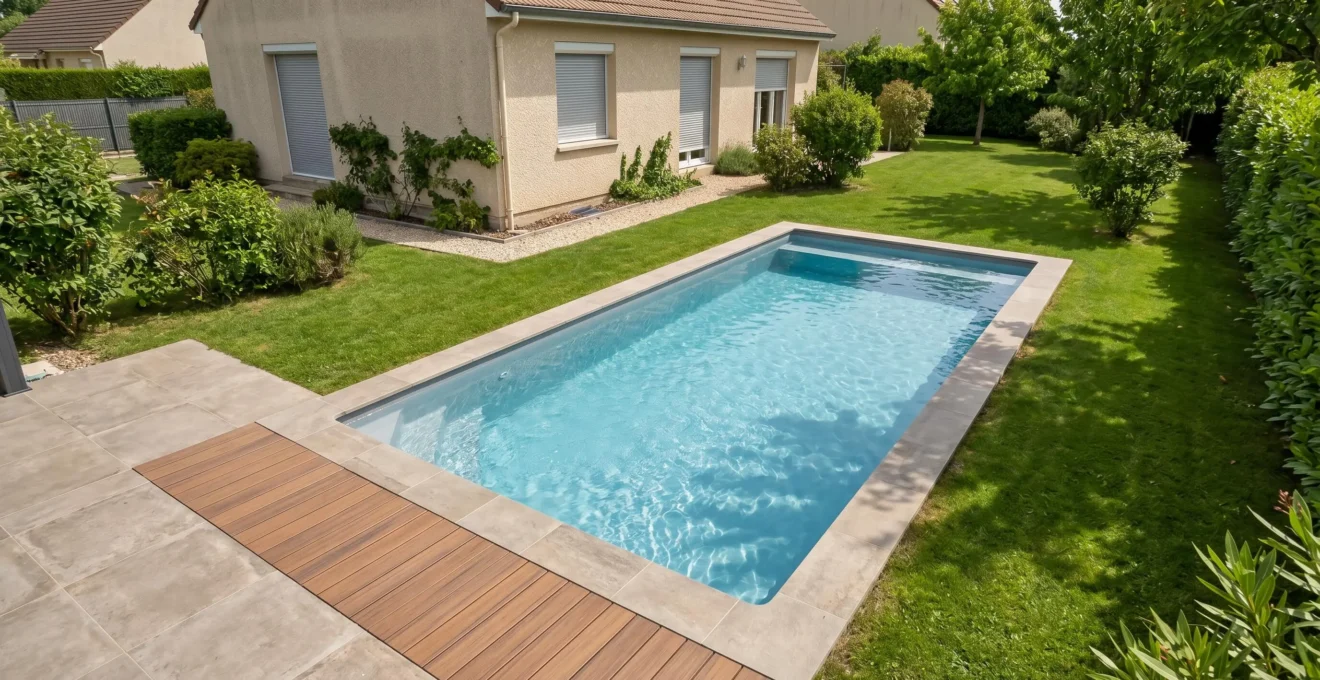 Vue aérienne d'une piscine enterrée rectangulaire avec margelles en pierre naturelle et terrasse bois dans un jardin résidentiel français, maison contemporaine en arrière-plan