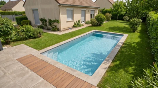 Vue aérienne d'une piscine enterrée rectangulaire avec margelles en pierre naturelle et terrasse bois dans un jardin résidentiel français, maison contemporaine en arrière-plan